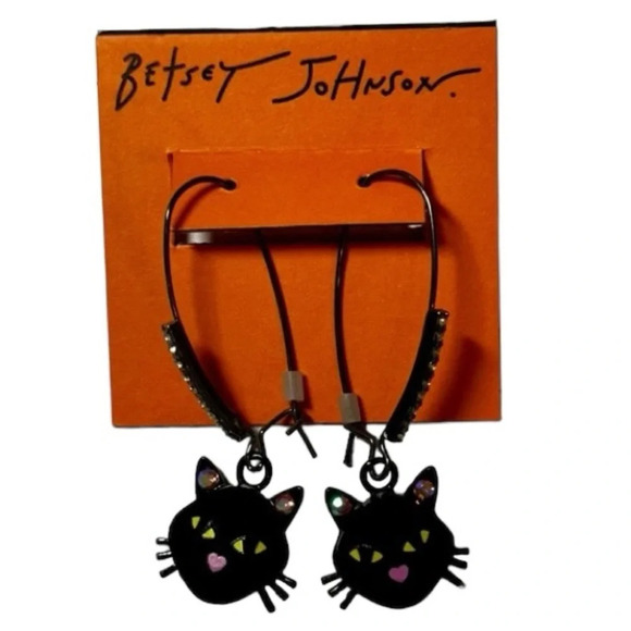 BETSEY JOHNSON Halloween Angular Cut Black Cat with Crystals Dangle Earrings NWT - Picture 3 of 8